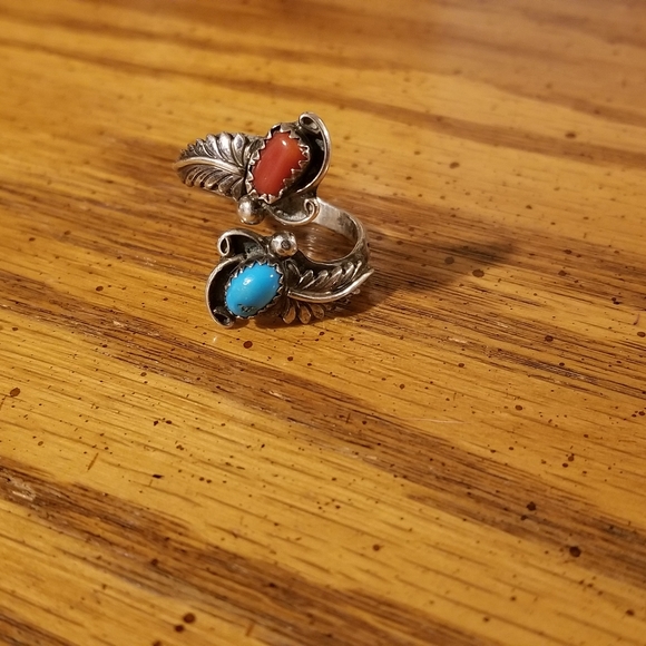 Antique Native American Turquoise & Coral Ring s9 - Picture 2 of 3